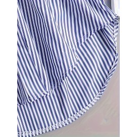 Stripe Print Polo Collar Button Shirt, Casual Long Sleeve Shirt For Spring & Fall, Women's Clothing