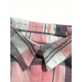 Plaid Print Polo Collar Button Shirt, Casual Pocket Long Sleeve Shirt For Spring & Fall, Women's Clothing Plaid Print Polo Collar Button Shirt, Casual Pocket Long Sleeve Shirt For Spring & Fall, Women's Clothing