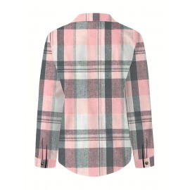 Plaid Print Polo Collar Button Shirt, Casual Pocket Long Sleeve Shirt For Spring & Fall, Women's Clothing Plaid Print Polo Collar Button Shirt, Casual Pocket Long Sleeve Shirt For Spring & Fall, Women's Clothing