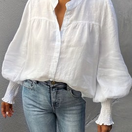 Lantern Sleeve Shirred Blouse, Casual Button Front Solid Blouse, Women's Clothing