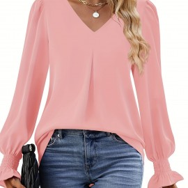 Solid V Neck Simple Blouse, Elegant Long Sleeve Ruched Blouse, Women's Clothing