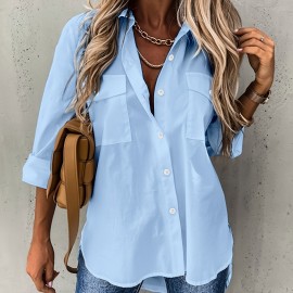 Button Front Long Sleeve Shirt, Casual Solid Office Shirt With Collar, Women's Clothing