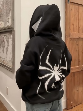 Spider & Letter Print Zip-up Hoodie, Casual Long Sleeve Hoodie Jacket, Women's Clothing