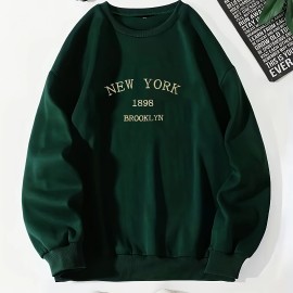 New York Brooklyn Print Loose Sweatshirt, Casual Long Sleeve Crew Neck Sweatshirt, Women's Clothing