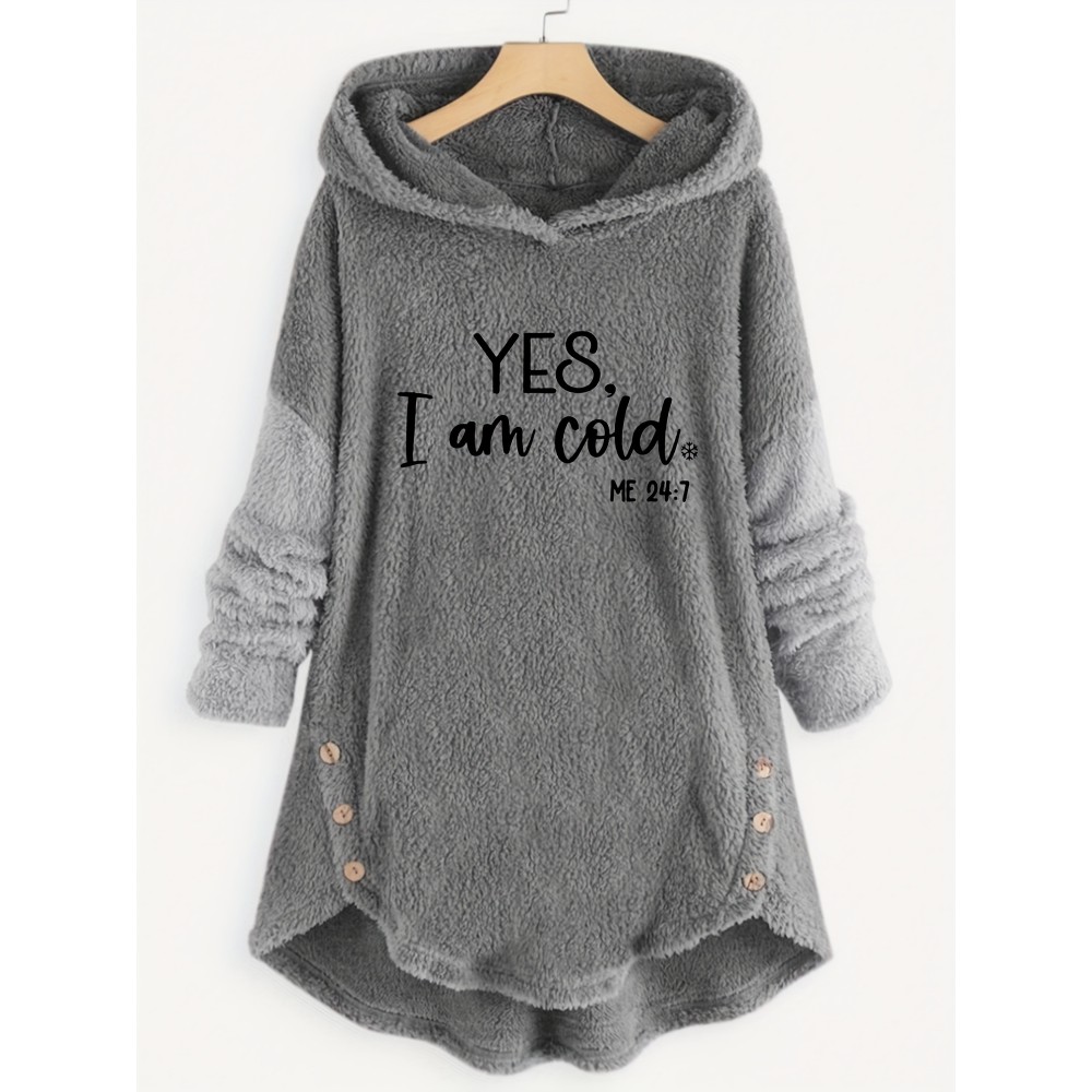 Letter Print Fleece Loose Hoodie, Casual Button Long Sleeve Warm Sweatshirt, Women's Clothing Letter Print Fleece Loose Hoodie, Casual Button Long Sleeve Warm Sweatshirt, Women's Clothing