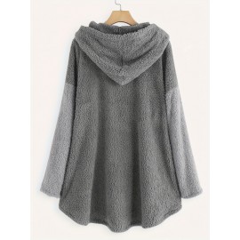 Letter Print Fleece Loose Hoodie, Casual Button Long Sleeve Warm Sweatshirt, Women's Clothing Letter Print Fleece Loose Hoodie, Casual Button Long Sleeve Warm Sweatshirt, Women's Clothing