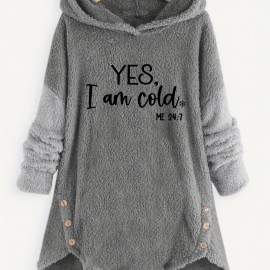 Letter Print Fleece Loose Hoodie, Casual Button Long Sleeve Warm Sweatshirt, Women's Clothing Letter Print Fleece Loose Hoodie, Casual Button Long Sleeve Warm Sweatshirt, Women's Clothing