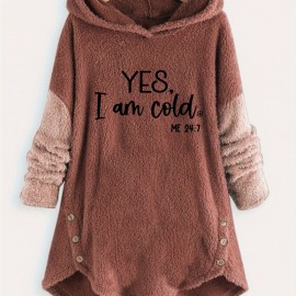Letter Print Fleece Loose Hoodie, Casual Button Long Sleeve Warm Sweatshirt, Women's Clothing Letter Print Fleece Loose Hoodie, Casual Button Long Sleeve Warm Sweatshirt, Women's Clothing