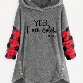 Letter Print Fleece Loose Hoodie, Casual Button Long Sleeve Warm Sweatshirt, Women's Clothing Letter Print Fleece Loose Hoodie, Casual Button Long Sleeve Warm Sweatshirt, Women's Clothing