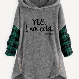 Letter Print Fleece Loose Hoodie, Casual Button Long Sleeve Warm Sweatshirt, Women's Clothing Letter Print Fleece Loose Hoodie, Casual Button Long Sleeve Warm Sweatshirt, Women's Clothing