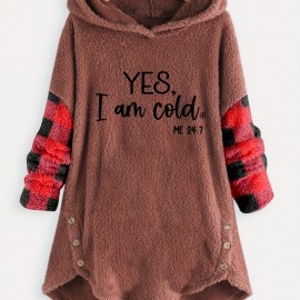 Letter Print Fleece Loose Hoodie, Casual Button Long Sleeve Warm Sweatshirt, Women's Clothing Letter Print Fleece Loose Hoodie, Casual Button Long Sleeve Warm Sweatshirt, Women's Clothing