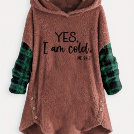 Letter Print Fleece Loose Hoodie, Casual Button Long Sleeve Warm Sweatshirt, Women's Clothing Letter Print Fleece Loose Hoodie, Casual Button Long Sleeve Warm Sweatshirt, Women's Clothing