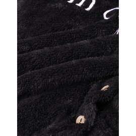 Letter Print Color Block Teddy Hoodie, Casual Long Sleeve Plush Hoodie Sweatshirt, Women's Clothing