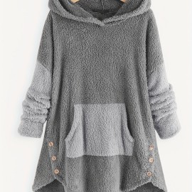 Color Block Kangaroo Pocket Hoodie, Long Sleeve Thermal Hoodies Sweatshirt, Women's Clothing
