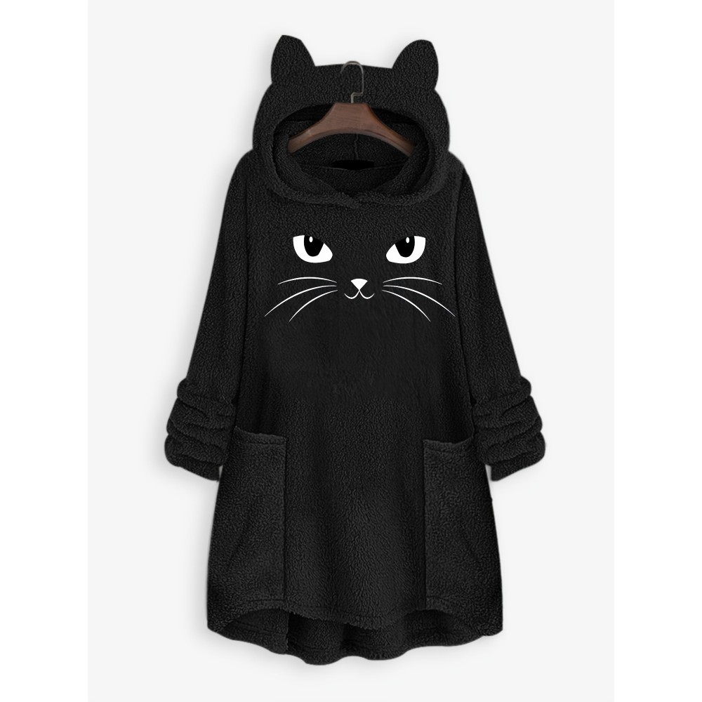 Cat Print Fuzzy Hoodie, Cute Long Sleeve Thermal Loose Sweatshirt With Pocket, Women's Clothing Cat Print Fuzzy Hoodie, Cute Long Sleeve Thermal Loose Sweatshirt With Pocket, Women's Clothing
