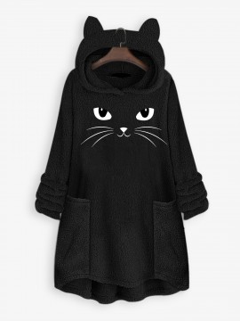 Cat Print Fuzzy Hoodie, Cute Long Sleeve Thermal Loose Sweatshirt With Pocket, Women's Clothing