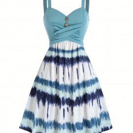 Tie Dye Print Fake Button Dress, Casual Sleeveless Backless For Summer, Women's Clothing