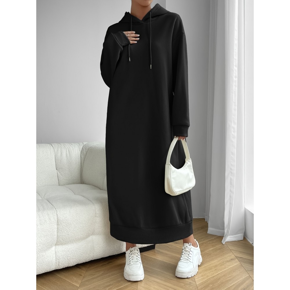 Solid Drawstring Hooded Dress, Casual Long Sleeve Loose Dress, Women's Clothing Solid Drawstring Hooded Dress, Casual Long Sleeve Loose Dress, Women's Clothing