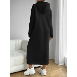 Solid Drawstring Hooded Dress, Casual Long Sleeve Loose Dress, Women's Clothing Solid Drawstring Hooded Dress, Casual Long Sleeve Loose Dress, Women's Clothing