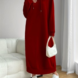Solid Drawstring Hooded Dress, Casual Long Sleeve Loose Dress, Women's Clothing Solid Drawstring Hooded Dress, Casual Long Sleeve Loose Dress, Women's Clothing