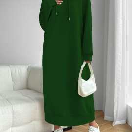 Solid Drawstring Hooded Dress, Casual Long Sleeve Loose Dress, Women's Clothing Solid Drawstring Hooded Dress, Casual Long Sleeve Loose Dress, Women's Clothing