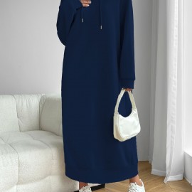 Solid Drawstring Hooded Dress, Casual Long Sleeve Loose Dress, Women's Clothing Solid Drawstring Hooded Dress, Casual Long Sleeve Loose Dress, Women's Clothing