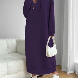 Solid Drawstring Hooded Dress, Casual Long Sleeve Loose Dress, Women's Clothing Solid Drawstring Hooded Dress, Casual Long Sleeve Loose Dress, Women's Clothing