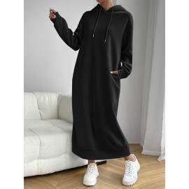 Solid Drawstring Hooded Dress, Casual Long Sleeve Loose Dress, Women's Clothing Solid Drawstring Hooded Dress, Casual Long Sleeve Loose Dress, Women's Clothing