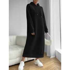 Solid Drawstring Hooded Dress, Casual Long Sleeve Loose Dress, Women's Clothing Solid Drawstring Hooded Dress, Casual Long Sleeve Loose Dress, Women's Clothing