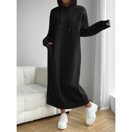 Solid Drawstring Hooded Dress, Casual Long Sleeve Loose Dress, Women's Clothing Solid Drawstring Hooded Dress, Casual Long Sleeve Loose Dress, Women's Clothing