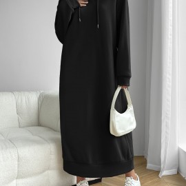 Solid Drawstring Hooded Dress, Casual Long Sleeve Loose Dress, Women's Clothing Solid Drawstring Hooded Dress, Casual Long Sleeve Loose Dress, Women's Clothing