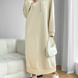Solid Drawstring Hooded Dress, Casual Long Sleeve Loose Dress, Women's Clothing Solid Drawstring Hooded Dress, Casual Long Sleeve Loose Dress, Women's Clothing