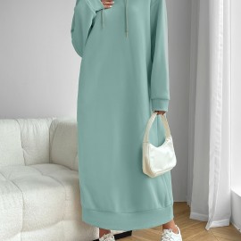 Solid Drawstring Hooded Dress, Casual Long Sleeve Loose Dress, Women's Clothing Solid Drawstring Hooded Dress, Casual Long Sleeve Loose Dress, Women's Clothing