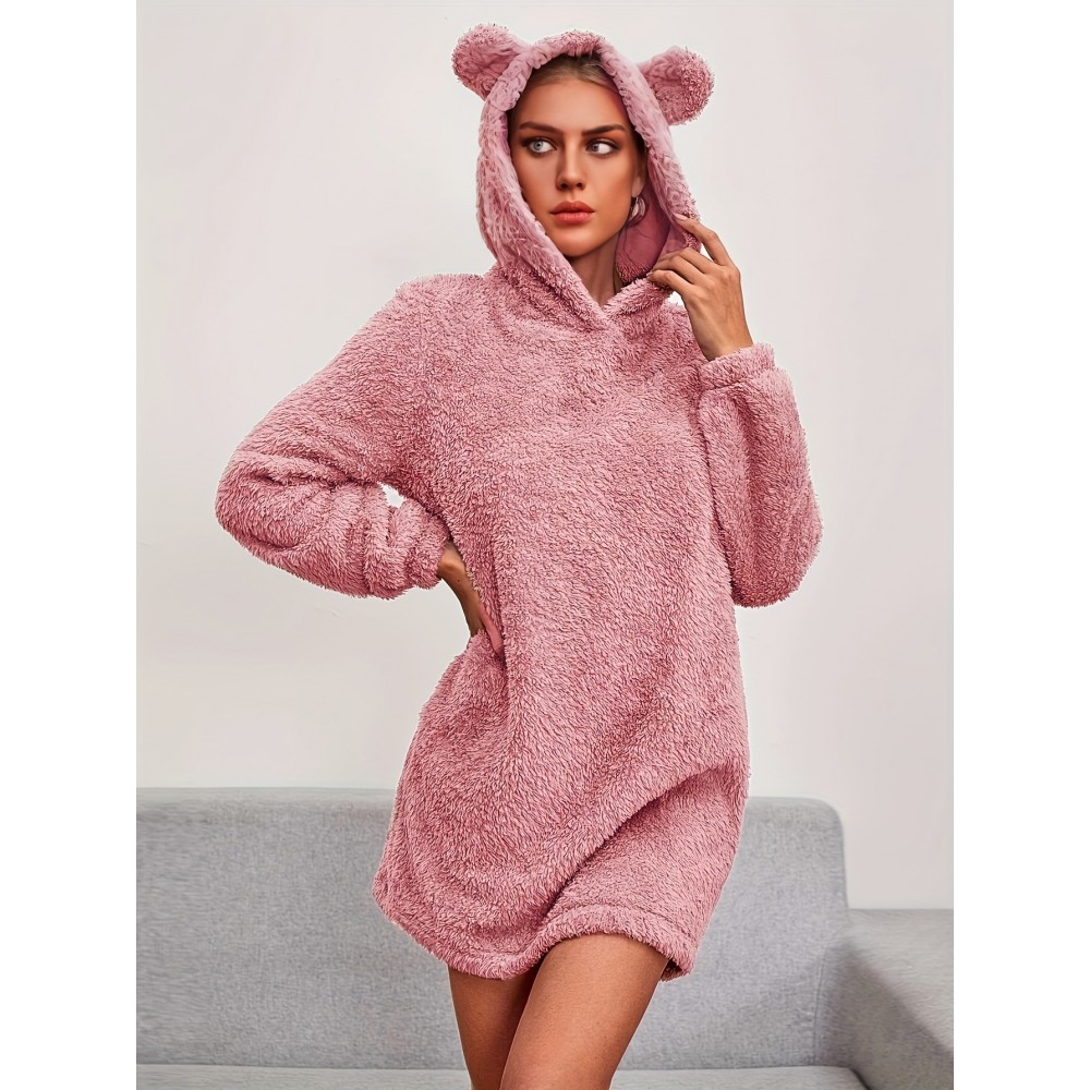Solid Teddy Hooded Dress, Casual Long Sleeve Warm Dress, Women's Clothing Solid Teddy Hooded Dress, Casual Long Sleeve Warm Dress, Women's Clothing