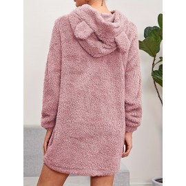 Solid Teddy Hooded Dress, Casual Long Sleeve Warm Dress, Women's Clothing Solid Teddy Hooded Dress, Casual Long Sleeve Warm Dress, Women's Clothing