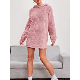 Solid Teddy Hooded Dress, Casual Long Sleeve Warm Dress, Women's Clothing Solid Teddy Hooded Dress, Casual Long Sleeve Warm Dress, Women's Clothing
