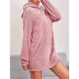 Solid Teddy Hooded Dress, Casual Long Sleeve Warm Dress, Women's Clothing Solid Teddy Hooded Dress, Casual Long Sleeve Warm Dress, Women's Clothing
