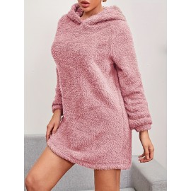 Solid Teddy Hooded Dress, Casual Long Sleeve Warm Dress, Women's Clothing Solid Teddy Hooded Dress, Casual Long Sleeve Warm Dress, Women's Clothing