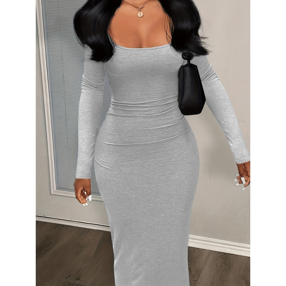Solid Scoop Neck Dress, Casual Simple Long Sleeve Maxi Dress, Women's Clothing Solid Scoop Neck Dress, Casual Simple Long Sleeve Maxi Dress, Women's Clothing