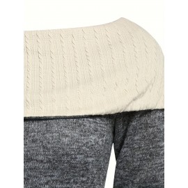 Color Block Tie Front Dress, Casual Boat Neck Long Sleeve Dress, Women's Clothing