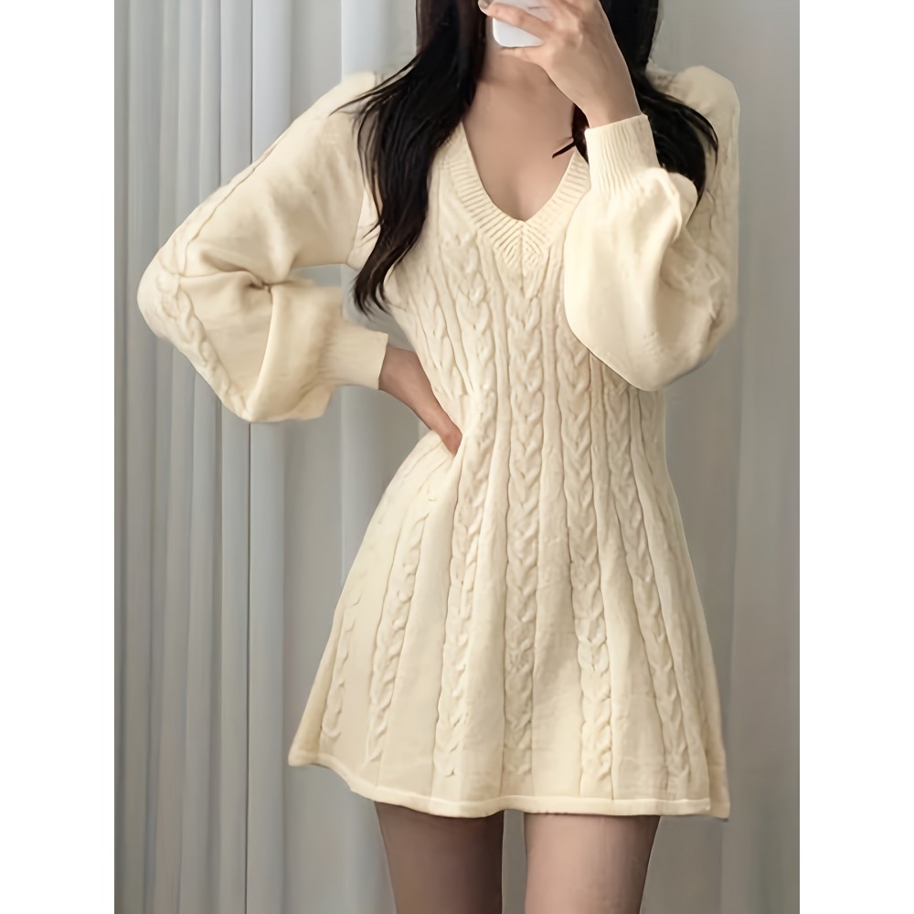 Solid Cable V Neck Sweater Dress, Casual Long Sleeve A Line Dress, Women's Clothing Solid Cable V Neck Sweater Dress, Casual Long Sleeve A Line Dress, Women's Clothing