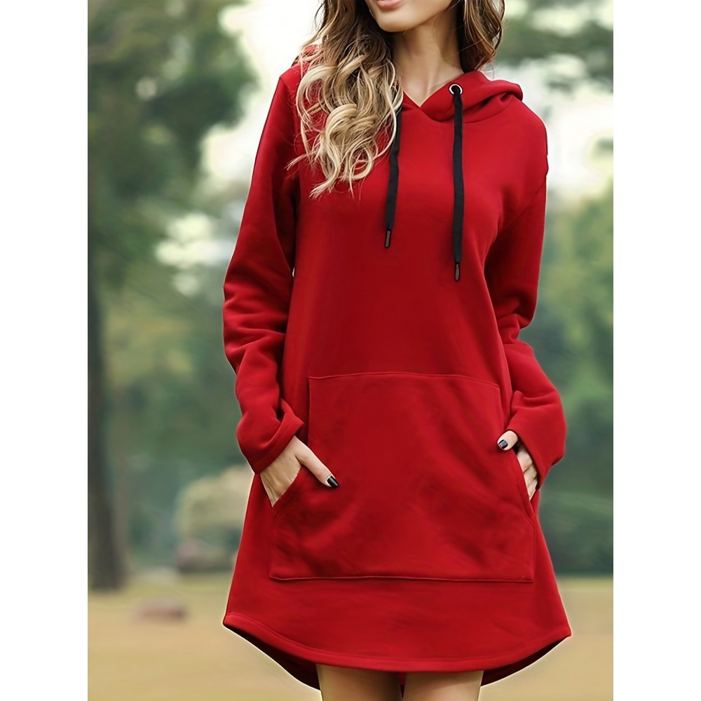 Solid Drawstring Pocket Hooded Dress, Casual Long Sleeve Dress For Spring & Fall, Women's Clothing Solid Drawstring Pocket Hooded Dress, Casual Long Sleeve Dress For Spring & Fall, Women's Clothing