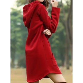 Solid Drawstring Pocket Hooded Dress, Casual Long Sleeve Dress For Spring & Fall, Women's Clothing Solid Drawstring Pocket Hooded Dress, Casual Long Sleeve Dress For Spring & Fall, Women's Clothing