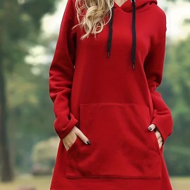 Solid Drawstring Pocket Hooded Dress, Casual Long Sleeve Dress For Spring & Fall, Women's Clothing Solid Drawstring Pocket Hooded Dress, Casual Long Sleeve Dress For Spring & Fall, Women's Clothing