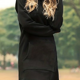 Solid Drawstring Pocket Hooded Dress, Casual Long Sleeve Dress For Spring & Fall, Women's Clothing Solid Drawstring Pocket Hooded Dress, Casual Long Sleeve Dress For Spring & Fall, Women's Clothing