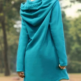Solid Drawstring Pocket Hooded Dress, Casual Long Sleeve Dress For Spring & Fall, Women's Clothing Solid Drawstring Pocket Hooded Dress, Casual Long Sleeve Dress For Spring & Fall, Women's Clothing