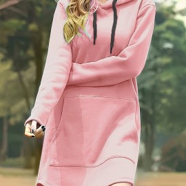 Solid Drawstring Pocket Hooded Dress, Casual Long Sleeve Dress For Spring & Fall, Women's Clothing Solid Drawstring Pocket Hooded Dress, Casual Long Sleeve Dress For Spring & Fall, Women's Clothing