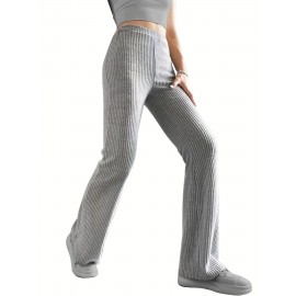 Solid Ribbed Knit Wide-Leg Pants, Causal High Waist Pants For Spring & Fall, Women's Clothing