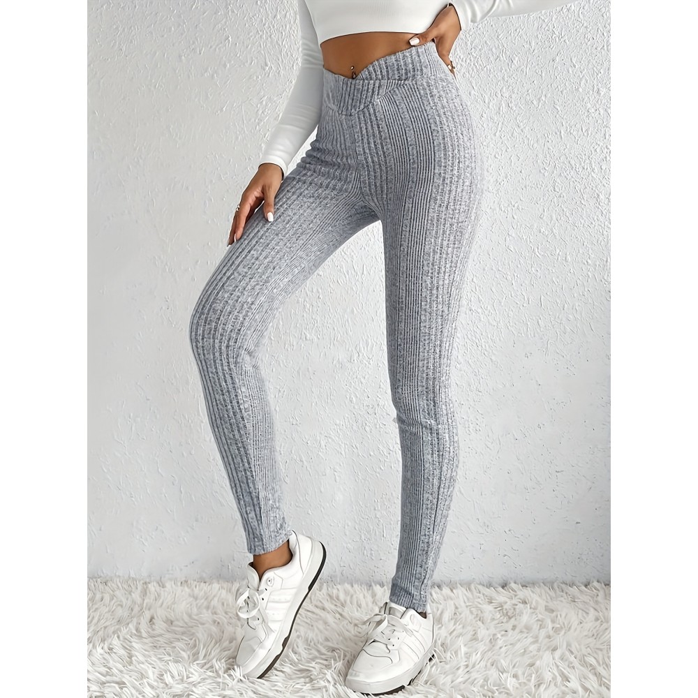 Solid Rib Knit Skinny Pants, Casual Crisscross Waist Daily Pants, Women's Clothing Solid Rib Knit Skinny Pants, Casual Crisscross Waist Daily Pants, Women's Clothing