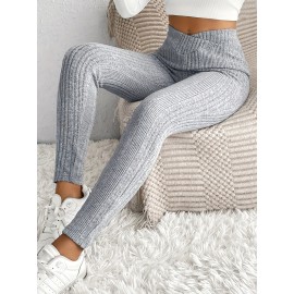 Solid Rib Knit Skinny Pants, Casual Crisscross Waist Daily Pants, Women's Clothing Solid Rib Knit Skinny Pants, Casual Crisscross Waist Daily Pants, Women's Clothing